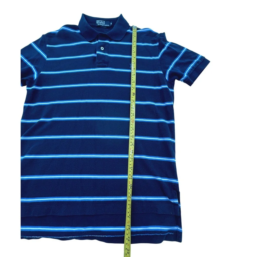 Polo Ralph Lauren Mens Navy Blue Striped Short Sleeve Pique Polo Shirt Medium